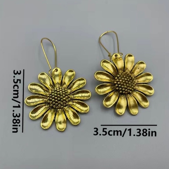 Gold Sunflower Gold Dangle Earrings Antiqued - Picture 3 of 3